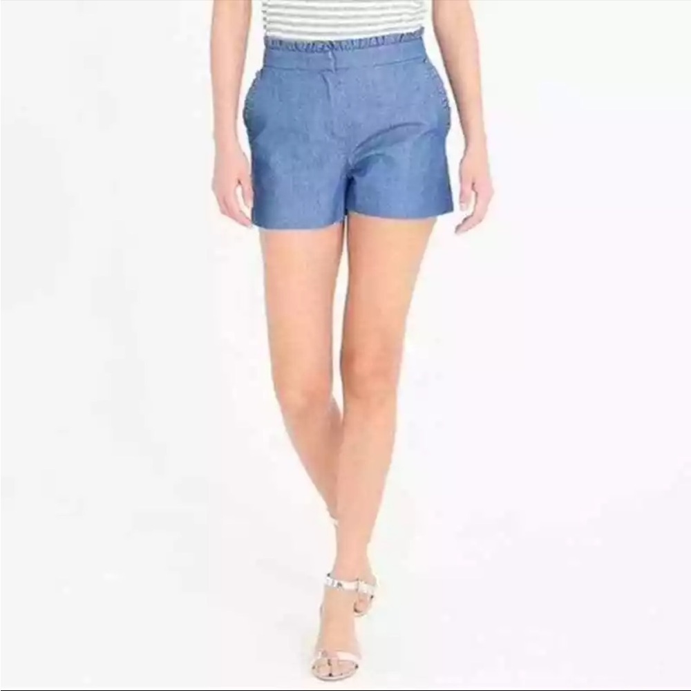 J Crew Blue Chambray Ruffle Cotton High Rise Shorts Size 12